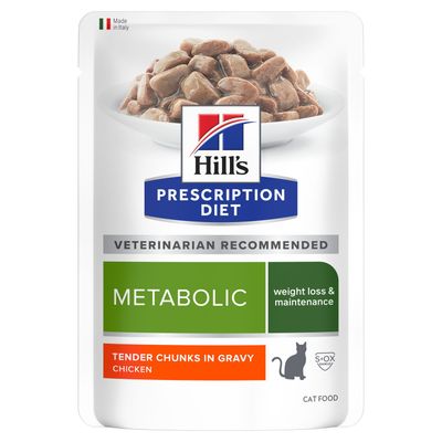 Hill's Prescription Diet Metabolic, perte de poids et maintien, tendres morceaux en sauce poulet, recommandé par les vétérinaires, fabriqué en Italie, food pour chat.