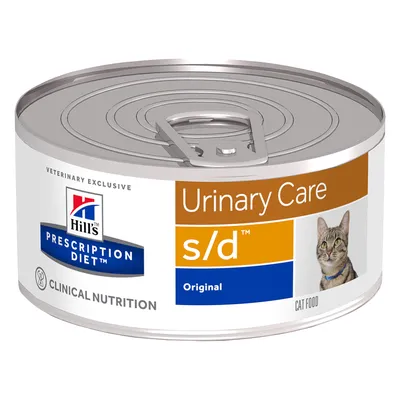 Hill's Prescription Diet s/d Original Urinary Care cat food tin, Veterinary Exclusive, Clinical Nutrition, with image of a tabby cat on the label.