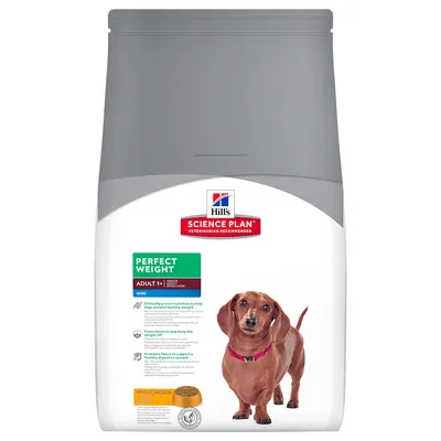 Упаковка корма Hill's Science Plan Perfect Weight Adult 1+ Mini с изображением собаки и надписью 'With Chicken' на передней части