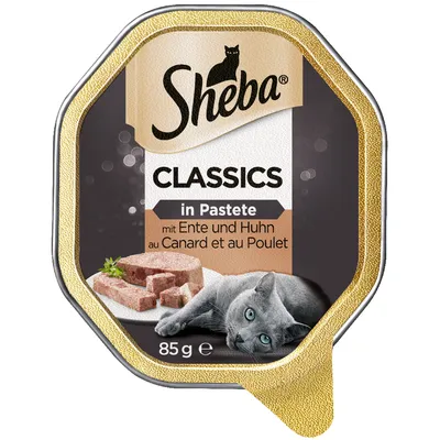 Sheba Classics i paté med and og kylling, 85g. Emballagen viser kattemad i patéform og en grå kat.