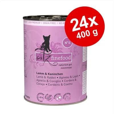 Boîte de nourriture pour chat catz finefood N°11 Agneau & Lapin, lot 24x400g. Texte visible : naturellement bon, sans sucre ajouté, sans céréales, non testé sur animaux. Boîte de nourriture pour chat catz finefood N°11 Agneau & Lapin, lot 24x400g. Texte visible : naturellement bon, sans sucre ajouté, sans céréales, non testé sur animaux.
