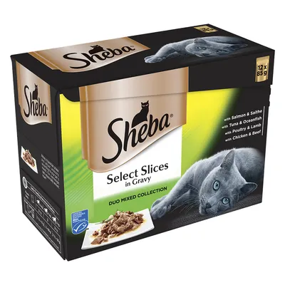 Sheba Select Slices in Gravy DUO MIXED COLLECTION, 12 x 85 g. Med synlig tekst: with Salmon & Saithe, with Tuna & Oceanfish, with Poultry & Lamb, with Chicken & Beef. Billede af kat og foder.