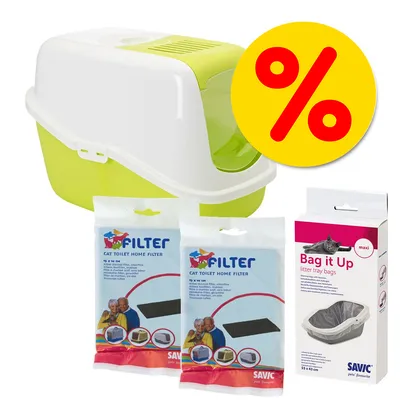 Kattenbak met deksel, twee verpakkingen Savic Filter Cat Toilet Home Filter en een doos Savic Bag it Up kattenbakszakken maxi 55×43 cm. Gele kortingscirkel met procentteken zichtbaar.