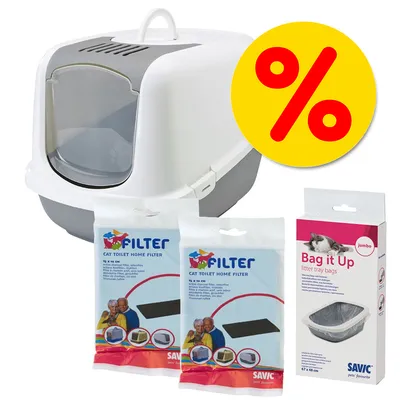 Savic kattenbak met filters en Bag it Up kattenbakzakken, verpakking 67×48 cm. Gele kortingssymbool zichtbaar.