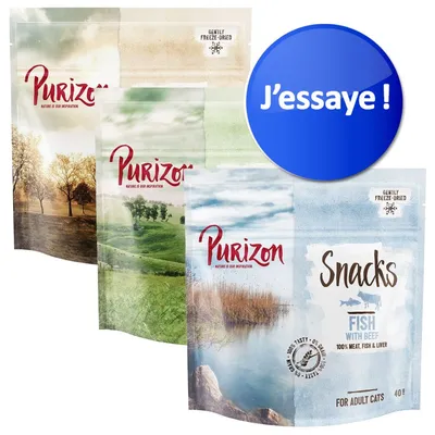 Purizon Snacks Fish with Beef pour chats adultes, 40 g. Texte visible : Gently freeze-dried, 100 % meat, fish & liver. Pastille bleue avec texte : J’essaie !