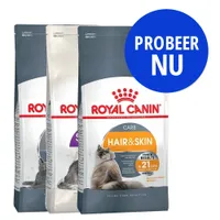 Royal Canin kattenvoer, zichtbare varianten: Hair & Skin Care. Grote blauwe cirkel met tekst: PROBEER NU. Verpakking toont kat en productnaam.