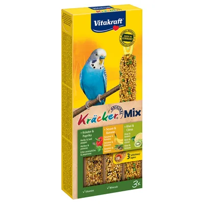 Vitakraft Kräcker Mix pour perruches, 3 variétés : herbes & paprika, sésame & banane, kiwi & citron. Texte visible : Made in Germany, vitamines, minéraux, 3 couches.