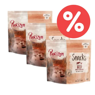 Purizon Snacks Beef with Chicken, sanft gefriergetrocknet, 100% Fleisch & Leber, für erwachsene Hunde. Rabatt-Symbol sichtbar.