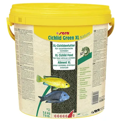Sera Cichlid Green XL Nature, XL-cichlidefoder til østafrikanske cichlider, 10% spirulina, nettovægt 3,6 kg. Til herbivore cichlider med planteingredienser.
