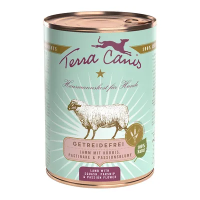 Terra Canis koiran märkäruoka, getreidefrei, lamm mit kürbis, pastinake & passionsblume, 100 % natur. Englanniksi: lamb with squash, parsnip & passion flower.