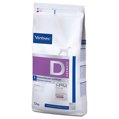 Sac de 12 kg Virbac Veterinary HPM Dermatology Support D1 pour chien, texte visible : dermatology support, dermatosis & hair loss, profil nutritionnel, DOG ALL SIZES.