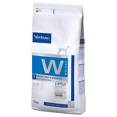Zak Virbac Weight 1 Weight Loss & Diabetes hondenvoer, 12 kg. Tekst: Veterinary HPM, obesitas (>30%) & diabetes, DOG ALL SIZES, VETERINARY GLOBAL CARE.