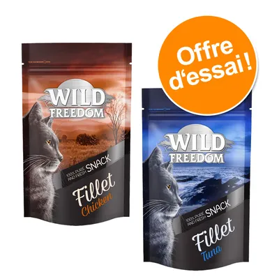 Deux sachets Wild Freedom Snack Fillet pour chat, saveurs Chicken et Tuna, texte visible : 100% pure and fresh snack. Pastille orange avec texte : Offre d’essai !