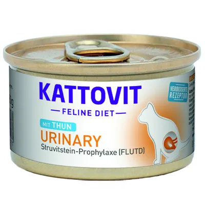 Kattovit Feline Diet Urinary mit Thun, Struvitstein-Prophylaxe (FLUTD), förbättrad receptur. Text på tyska. Bild av konservburk med kattillustration.