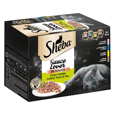 Sheba Sauce Lover in Sauce Feine Vielfalt Coffret Terre & Mer, 12 x 85 g annospakkaus. Näkyvissä lohi, tonnikala, kana ja ankka -makuvaihtoehdot sekä kuva kissasta.