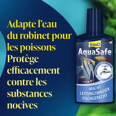 Tetra AquaSafe. Rend l'eau du robinet adaptée aux poissons, neutralise les substances nocives. Adapte l'eau du robinet pour les poissons, protège efficacement contre les polluants. Tetra AquaSafe. Rend l'eau du robinet adaptée aux poissons, neutralise les substances nocives. Adapte l'eau du robinet pour les poissons, protège efficacement contre les polluants.
