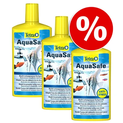 Lot de 3 flacons Tetra AquaSafe, texte visible : Adapte l'eau du robinet à la vie des poissons, neutralise les substances nocives, pastille Anti-Stress, symbole pourcentage en rouge. Lot de 3 flacons Tetra AquaSafe, texte visible : Adapte l'eau du robinet à la vie des poissons, neutralise les substances nocives, pastille Anti-Stress, symbole pourcentage en rouge.