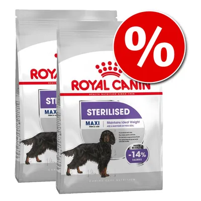Două pungi Royal Canin Sterilised Maxi pentru câini, text vizibil: 'Maintains Ideal Weight', 'Proven results -14% calories', simbol reducere procentuală pe fundal roșu. Două pungi Royal Canin Sterilised Maxi pentru câini, text vizibil: 'Maintains Ideal Weight', 'Proven results -14% calories', simbol reducere procentuală pe fundal roșu.