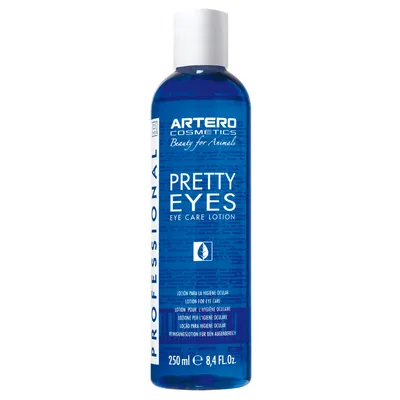 Artero Cosmetics Pretty Eyes Eye Care Lotion, 250 ml. Texte visible : Beauty for Animals, lotion pour l’hygiène oculaire, PROFESSIONAL. Artero Cosmetics Pretty Eyes Eye Care Lotion, 250 ml. Texte visible : Beauty for Animals, lotion pour l’hygiène oculaire, PROFESSIONAL.
