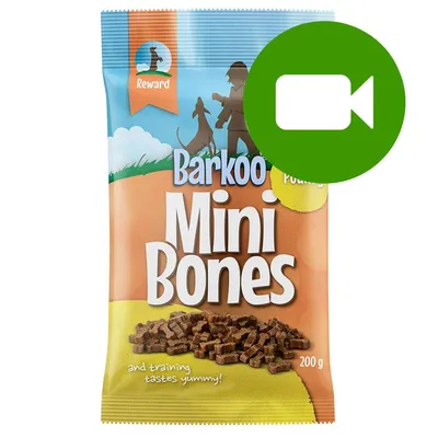 Przycisk odtwarzania wideo. Kliknij tutaj, aby obejrzeć film dotyczący produktu Barkoo Mini Bones 200 g.