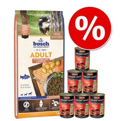 Сухой корм для собак Bosch Adult с лососем и картофелем, 21,5 % протеин, 10,5 % жира; 6 банок консервов Animonda GranCarno Rind pur; значок скидки %