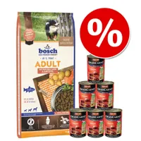 Сухой корм для собак Bosch Adult с лососем и картофелем, 21,5 % протеин, 10,5 % жира; 6 банок консервов Animonda GranCarno Rind pur; значок скидки %