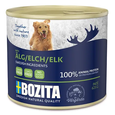Bozita Paté with elk, Swedish ingredients, 100% animal protein, grain-free, GMO-free, no added sugar. 625g can. 'Together with nature since 1903'. Bozita Paté with elk, Swedish ingredients, 100% animal protein, grain-free, GMO-free, no added sugar. 625g can. 'Together with nature since 1903'.