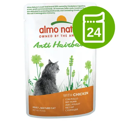 almo nature Anti Hairball, ADULT MATURE CAT, WITH CHICKEN, opakowanie mokrej karmy dla kota; zielona ikona z symbolem 24 saszetek