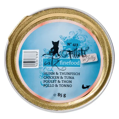 catz finefood Fillets in Jelly N° 413, Huhn & Thunfisch, Chicken & Tuna, Poulet & Thon, Pollo & Tonno, 85 g. Rund dåse med blå etiket og stregkode.