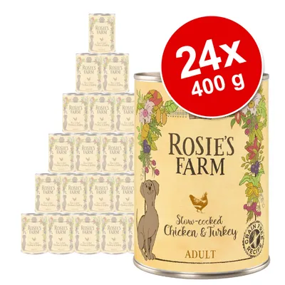 24 κονσέρβες Rosie's Farm Adult, Slow-cooked Chicken & Turkey, 400 g η κάθε μία. Ετικέτα: Grain Free Recipe. Συσκευασία με σχέδιο σκύλου και λουλούδια.