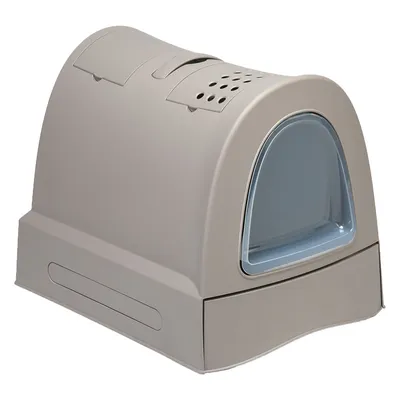 Maison de toilette pour chat en plastique gris avec porte battante transparente et aération sur le dessus, sans marque visible.