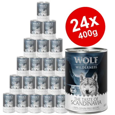 Wolf of Wilderness The Taste of Scandinavia 24 x 400g tins, 100% grain-free recipe with fresh salmon, reindeer, chicken and herring. Large red circle shows 24x 400g.