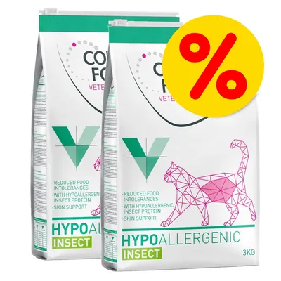 Twee zakken kattenvoer met tekst: HYPOALLERGENIC INSECT, 3KG, reduced food intolerances, with hypoallergenic insect protein, skin support. Gele kortingssymbool met rood procentteken.