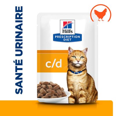 Hill's Prescription Diet c/d, Santé Urinaire, illustration d'un chat et d'une gamelle avec de l'aliment, symbole de poulet en haut à droite.