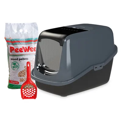 PeeWee Katzentoilette mit Abdeckung, Beutel Holzpellets 3kg/5L und rote Streuschaufel. Umweltfreundlich, aus nachhaltigem Material.