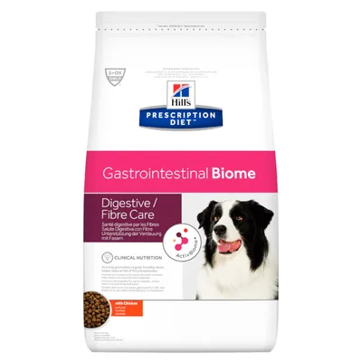 Hill's Prescription Diet Gastrointestinal Biome Digestive/Fibre Care s piščancem, slika embalaže s psom in vidnim besedilom ActivBiome+ ter S+OX Shield.