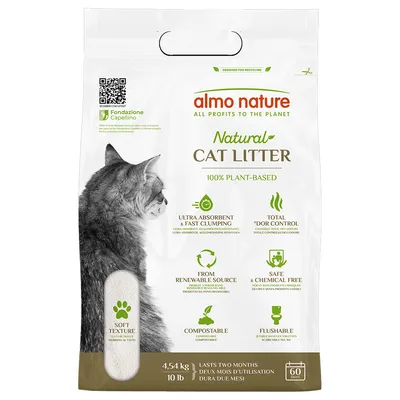 almo nature Natural Cat Litter, 100% plant-based, ultra-absorbent, odour-controlling, compostable, flushable, chemical-free. Contents: 4.54 kg, lasts 60 days.