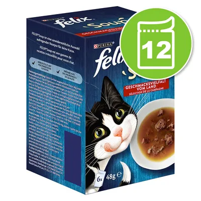 Опаковка Felix Soup, Purina, Geschmacksvielfalt vom Land, 6×48 г. Зелен кръг с икона на пауч и числото 12.