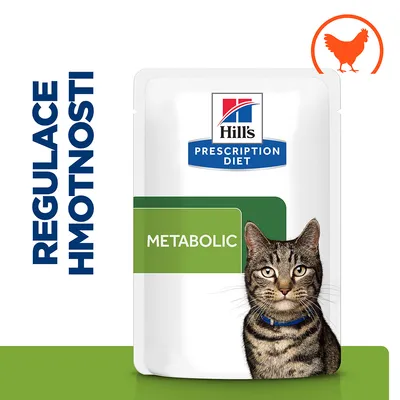 Hill's Prescription Diet Metabolic pre mačky, nápis REGULACE HMOTNOSTI, obrázok kuraťa v oranžovom kruhu, balenie s fotografiou mačky.