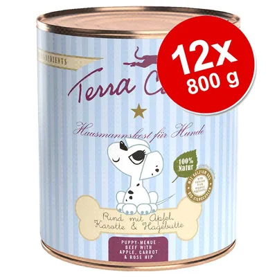 Terra Canis Hausmannskost für Hunde, 12x800 g. Rind mit Apfel, Karotte & Hagebutte. Puppy-Menu: Beef with apple, carrot & rose hip. 100% Natur står på dåsen.