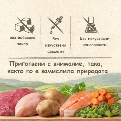 Без добавена захар, без изкуствени аромати, без изкуствени консерванти. Изображение с месо, картофи, сьомга, моркови, грах и броколи.
