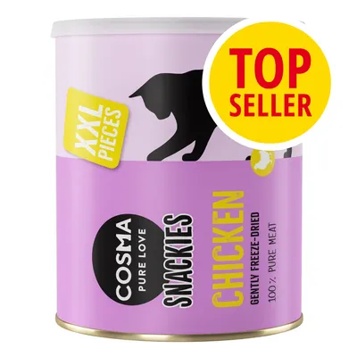 Cosma Pure Love Snackies Chicken XXL Pieces, gently freeze-dried, 100% pure meat. Etichetta gialla con scritta rossa: Top Seller.