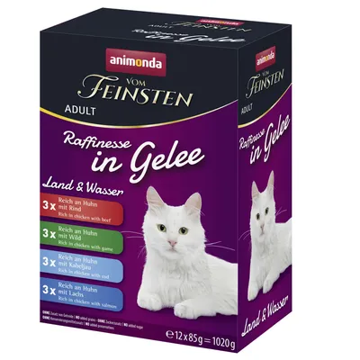 animonda Vom Feinsten Adult Raffinesse i gelé Land & Vand, 12x85g: 3x Kylling med oksekød, 3x Kylling med vildt, 3x Kylling med torsk, 3x Kylling med laks. Uden korn, tilsat sukker, konserveringsmidler.