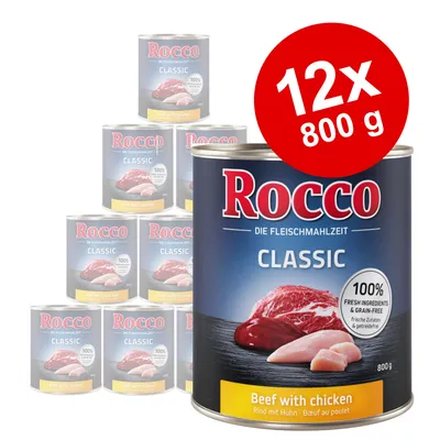 Rocco Classic Beef with chicken, 12 x 800 g burkar. Text: 100% fresh ingredients & grain-free. Bild på kött och kyckling på etiketten.