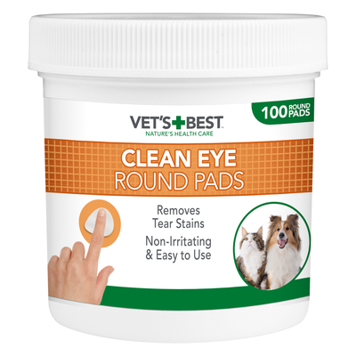 Vet's Best Clean Eye Round Pads, 100 komada. Uklanja mrlje od suza, neiritirajuće i jednostavne za korištenje. Slika psa i mačke na ambalaži.