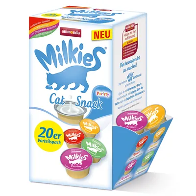 Animonda Milkies Cat Snack Variety 20er Vorteilspack, förpackning med blandade snacks i olika färger. Synliga smaker: Passion, Power, Happy, Adventure. Text på tyska.