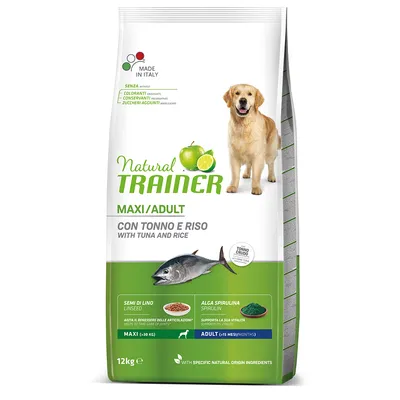 Natural Trainer Maxi/Adult hundefoder med tunfisk og ris, Made in Italy, uden farvestoffer, konserveringsmidler og tilsat sukker. Til hunde fra 15 måneder og over 30 kg. Pakke 12 kg.