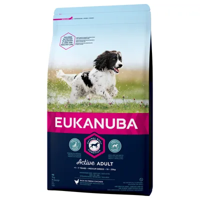 EUKANUBA Active Adult hundfoder, Optimal Body Condition, för medelstora raser 10–25 kg, +1–7 år. Text: Rich in fresh chicken. Bild på springande hund. EUKANUBA Active Adult hundfoder, Optimal Body Condition, för medelstora raser 10–25 kg, +1–7 år. Text: Rich in fresh chicken. Bild på springande hund.