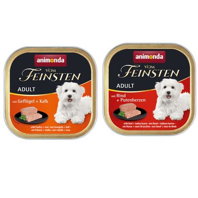 Animonda Vom Feinsten Adult kalkon + skinka, 24x150g. Våtfoder för hundar med bild av en vit hund och en portion foder.