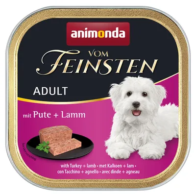 animonda Vom Feinsten Adult hondenvoer, met kalkoen en lam. Afbeelding van een wit hondje en vlees op een bord. Tekst: mit Pute + Lamm, met Kalkoen + lam, with Turkey + lamb.